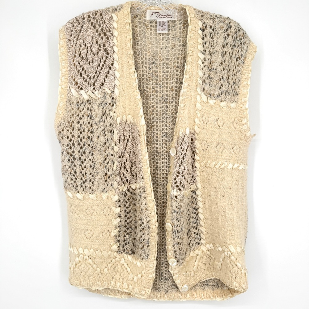 Norm Thompson Sweater Vest Beige Cream Patchwork Open Knit Wool Ribbon Trim M